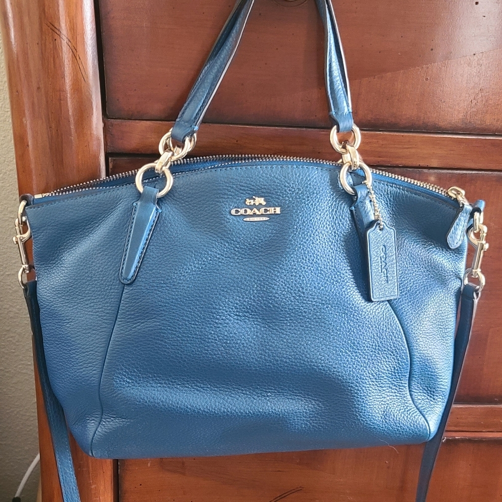 Coach Kelsey Satchel Pebble Leather Blue Crossbody Bag